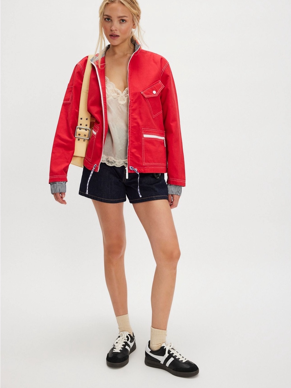 We The Free Bright Red Utility Jacket with White Stitching